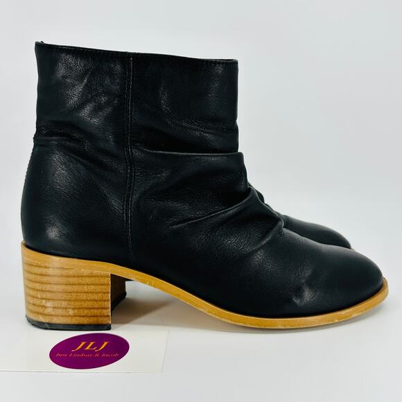 Anthropologie Women's Maia Black Leather Slouch Pull On Ankle Booties Size 37 - Picture 1 of 11